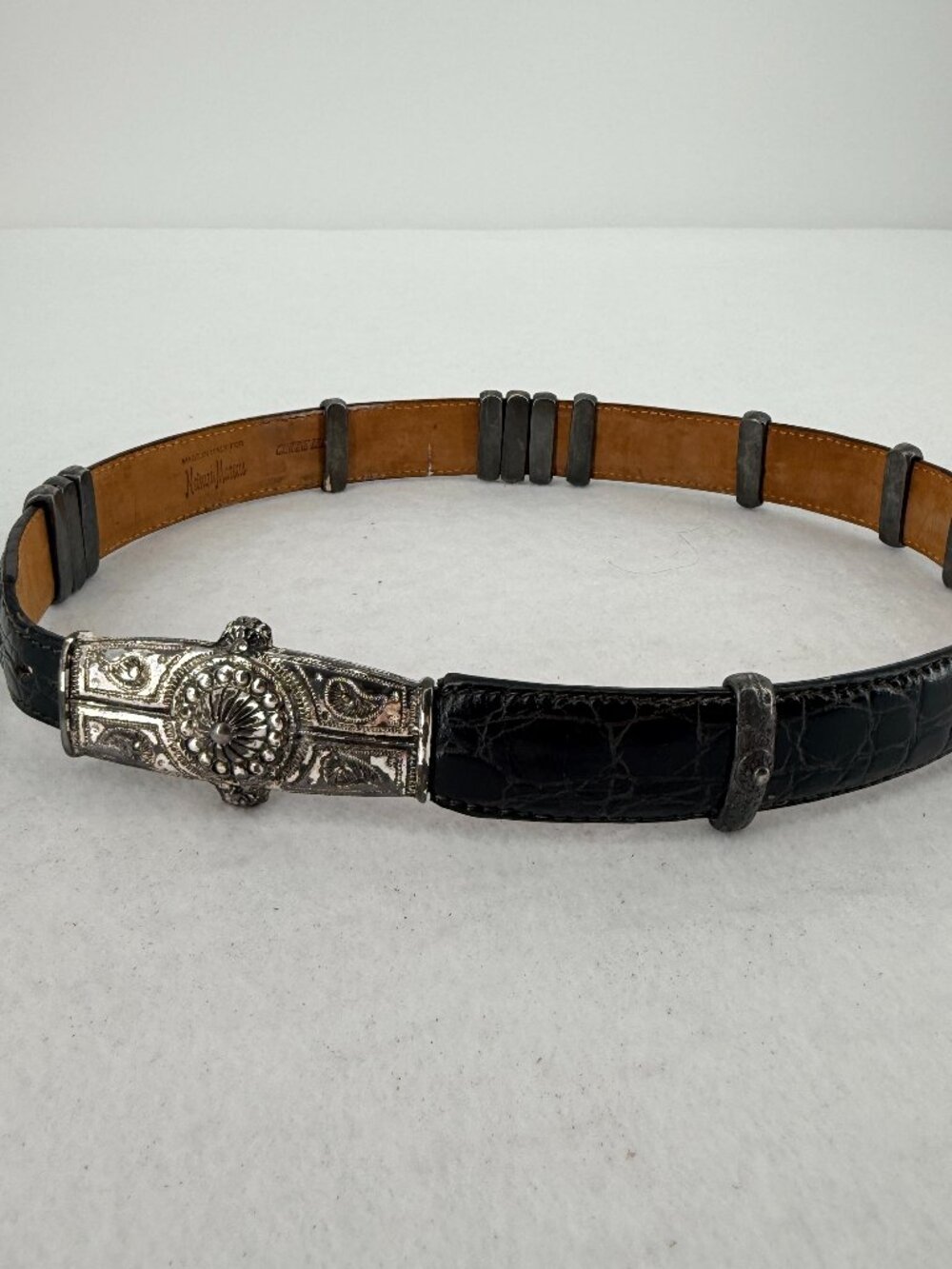 Neiman Marcus Made in Italy Black Mock Croc Leather Ornate Silver Belt S